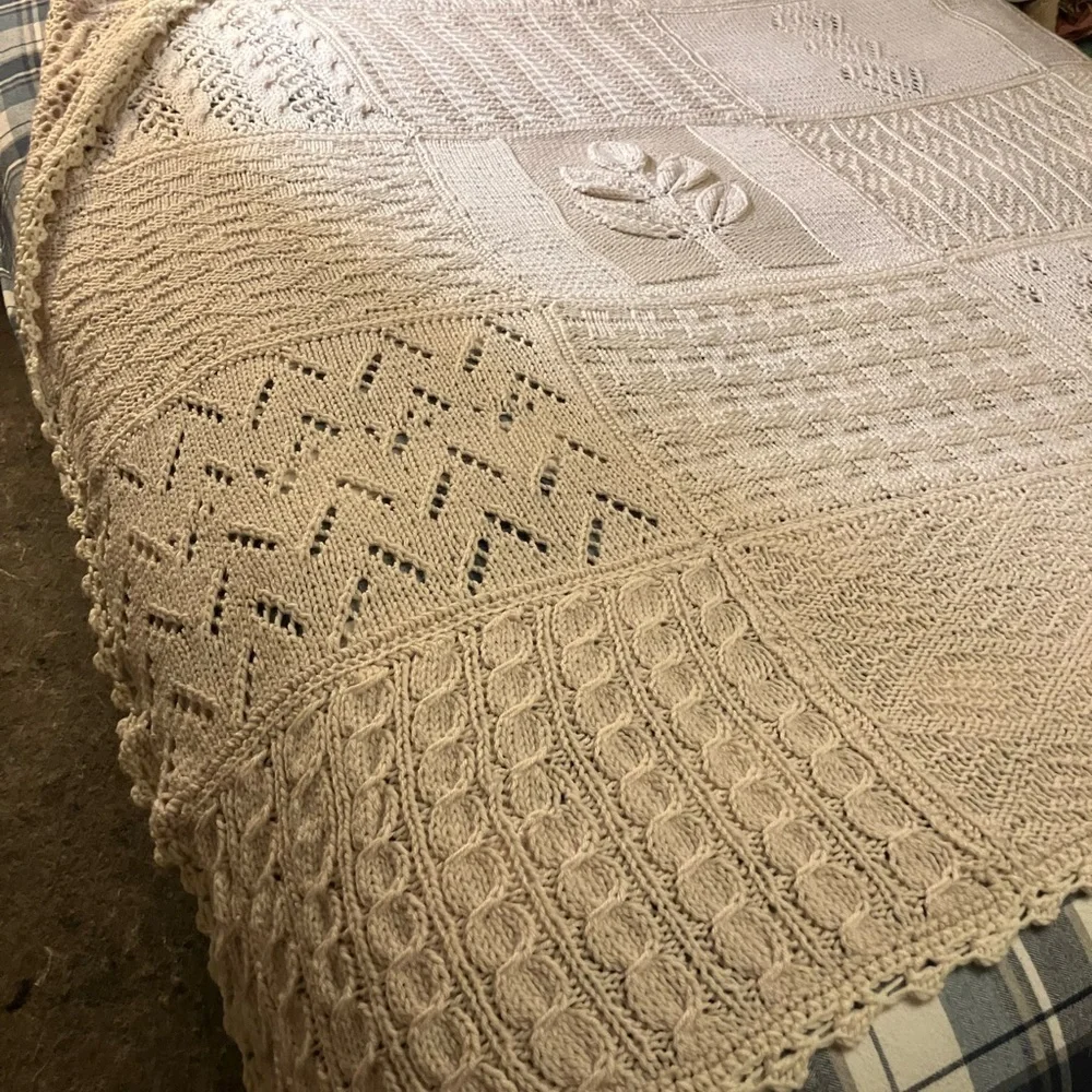 Handmade blanket with knitting sampler squares wool and acrylc throw natural